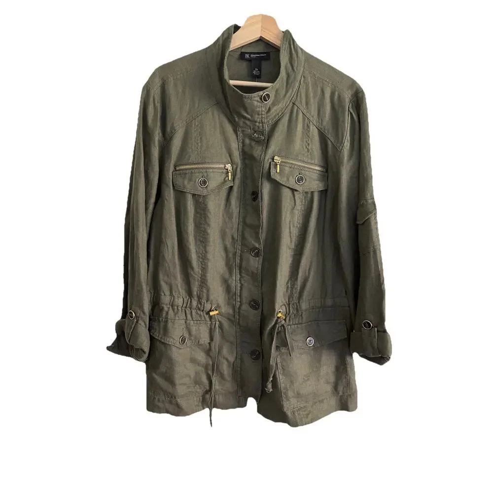 INC Utility Jacket Women's 2XL Olive Green Linen Lightweight Cargo Military Chic - Picture 1 of 14